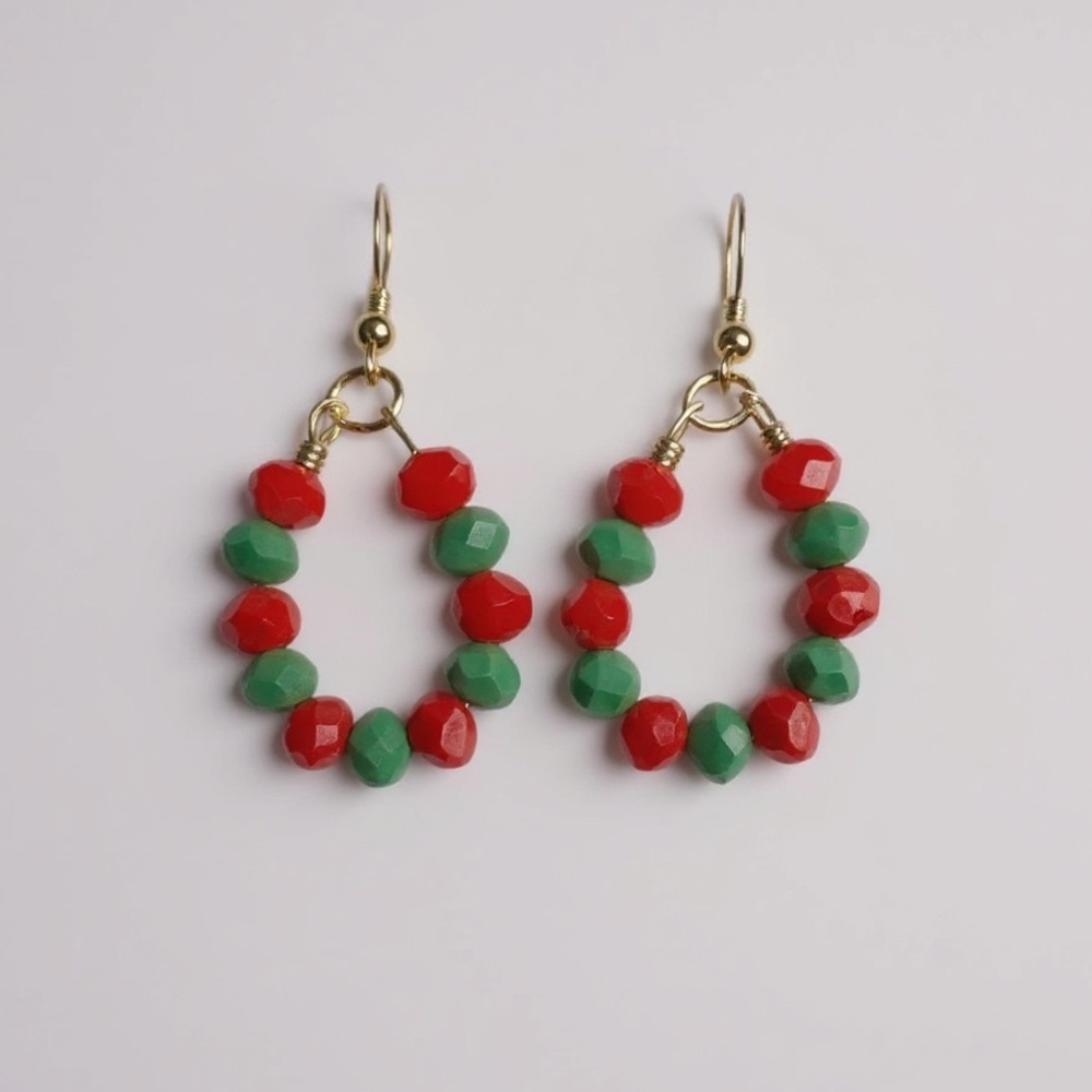 Handcrafted Holiday Red And Green Wreath Wire Dangle Earrings